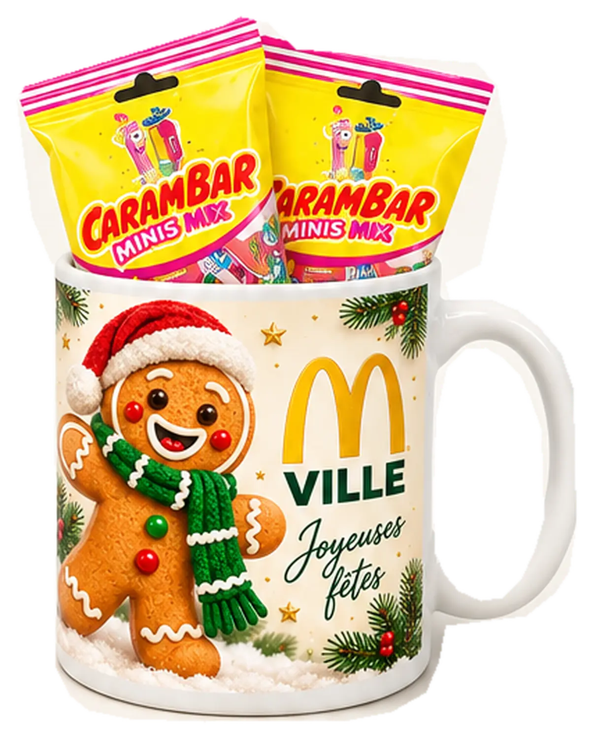 Mug des fêtes au bonhomme pain d’épices, garni de Carambar Minis Mix.