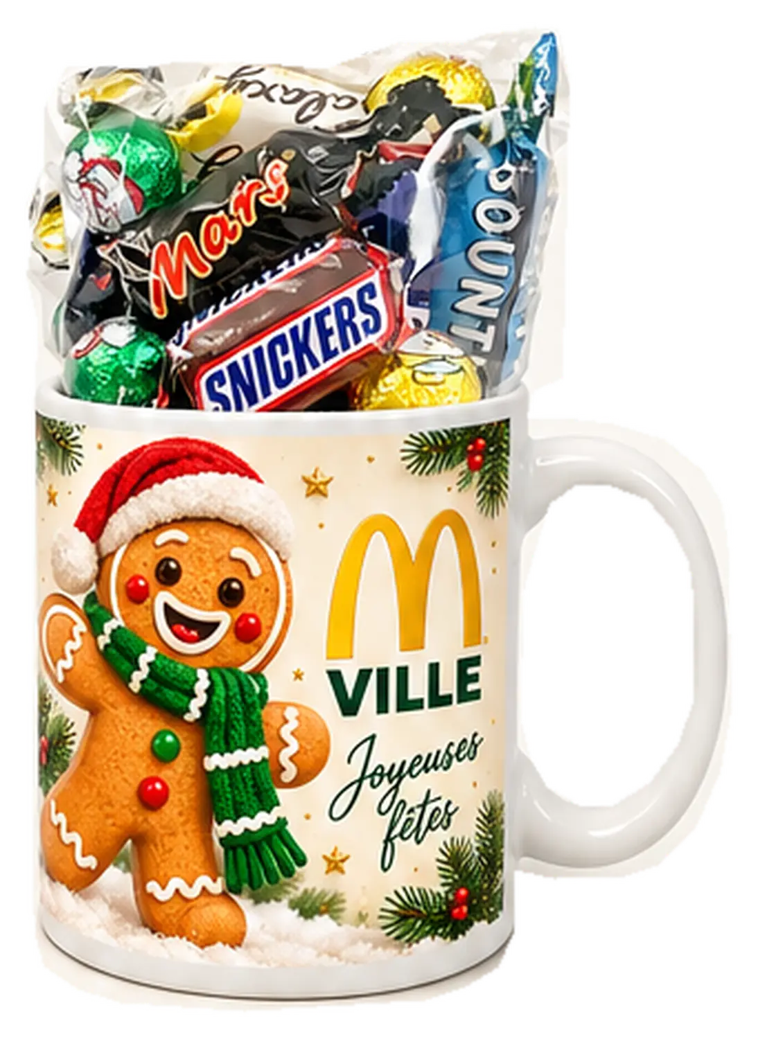 Mug des fêtes au bonhomme pain d’épices, garni d’un mix de chocolats Celebrations.