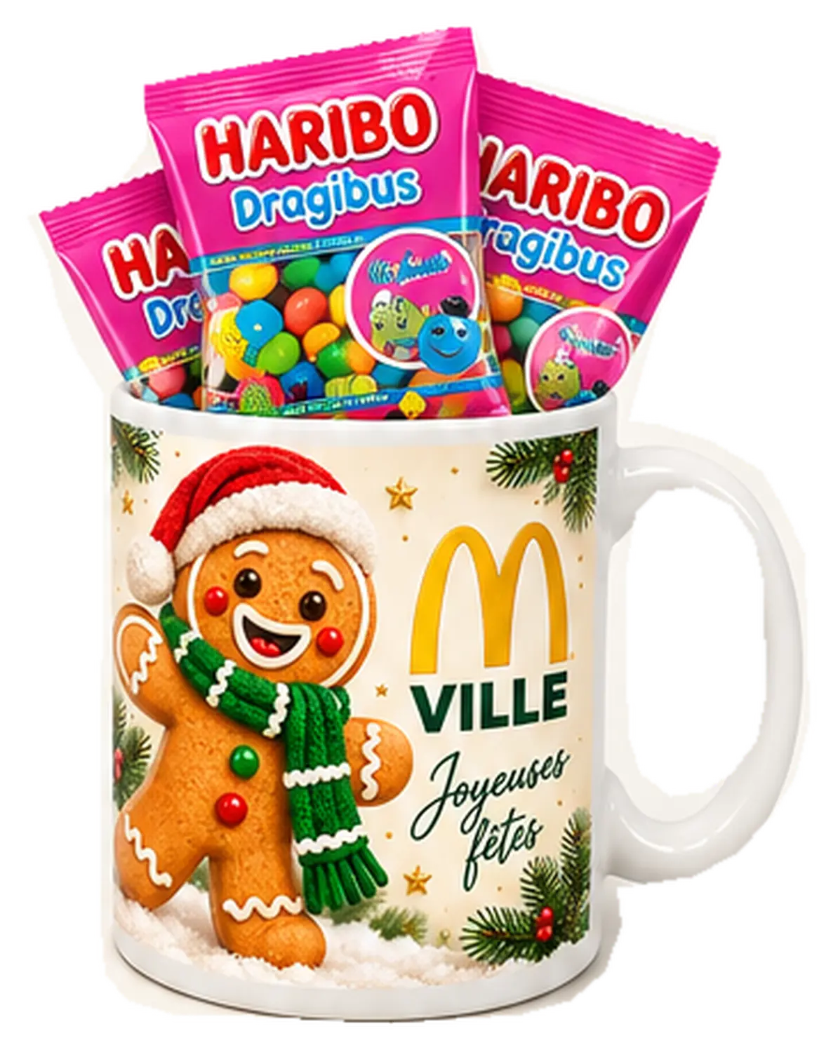 Mug des fêtes au bonhomme pain d’épices, garni de Haribo Dragibus.
