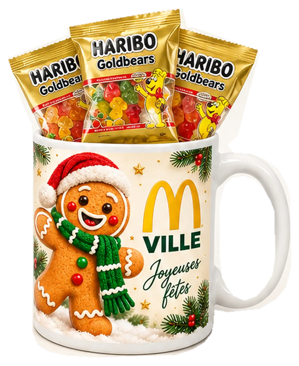 Mug des fêtes au bonhomme pain d’épices, garni de Haribo Ours d’or.