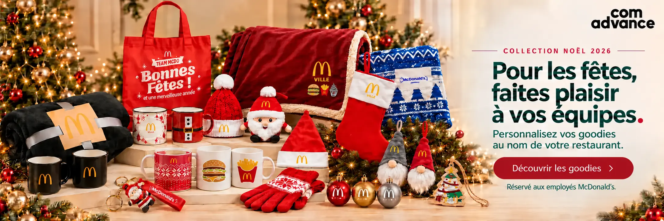 Visuel d’ambiance de fêtes : sacs, plaids, mugs, bonnets et petites attentions ComAdvance.